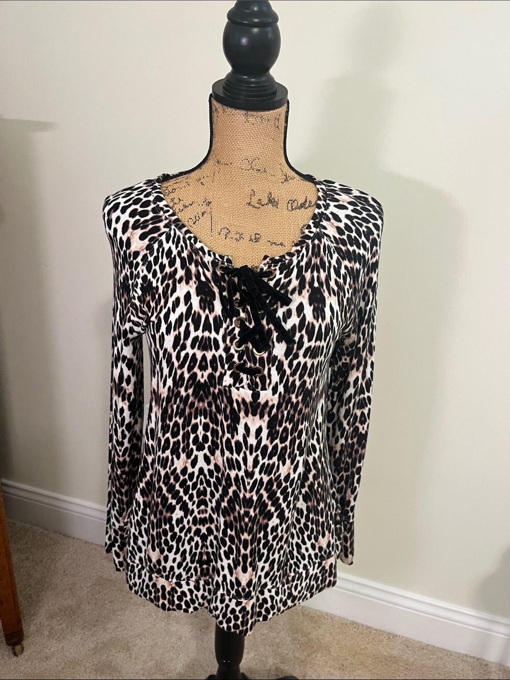 Soma Leopard Lace-Up Long Sleeve Top - Black & Cream